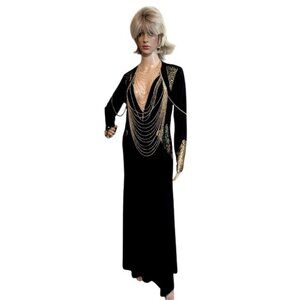 Venus Vintage Black Maxi Dress With Embroidered Details Deep V-Neck Plunge Long